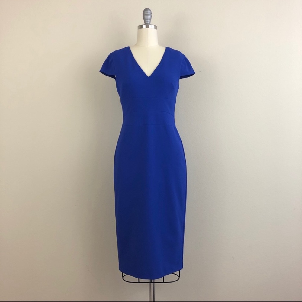 Donna Morgan Sheath Midi Dress, V-Neck, Royal Blue Cobalt, Size 2